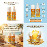 'Just Gentle' Sunscreen spray bottles with promotional text and images on a beach setting