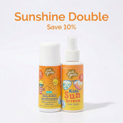 Two bottles of 'Just & Gentle' kids sunscreen on a white background with promotional text.