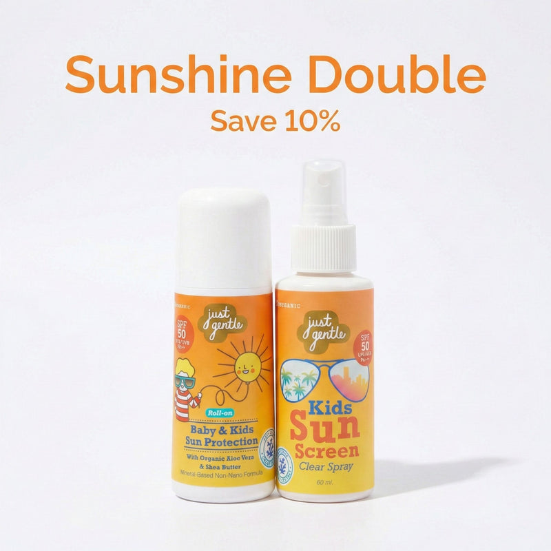 Two bottles of 'Just & Gentle' kids sunscreen on a white background with promotional text.