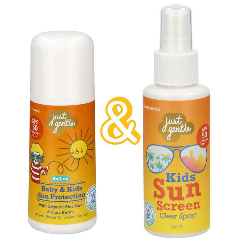Two 'Just Gentle' bottles of Just Gentle sun protection products on a white background