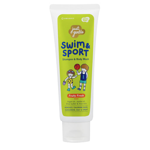 Just Gentle Swim & Sport Fruity Fresh kids 2-in-1 shampoo & body wash, front-view 180 ml tube, chlorine-removing formula.