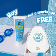 Swim and sport product with a free sports bag offer on a blue background
