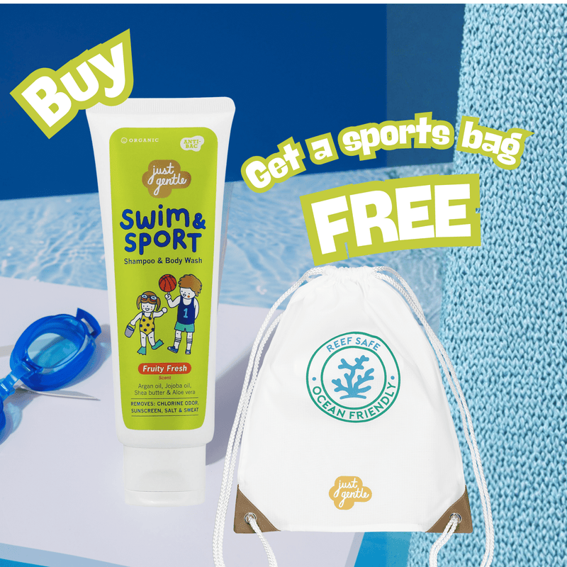 Buy a Just Gentle Swim & Sport Fruity Fresh kids 2-in-1 shampoo & body wash and get a drawstring bag for free
